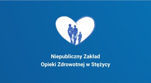 Zdjęcie informatora NZOZ Stężyca, niebieskie tło, w środku białe logo NZOZ Stężyca