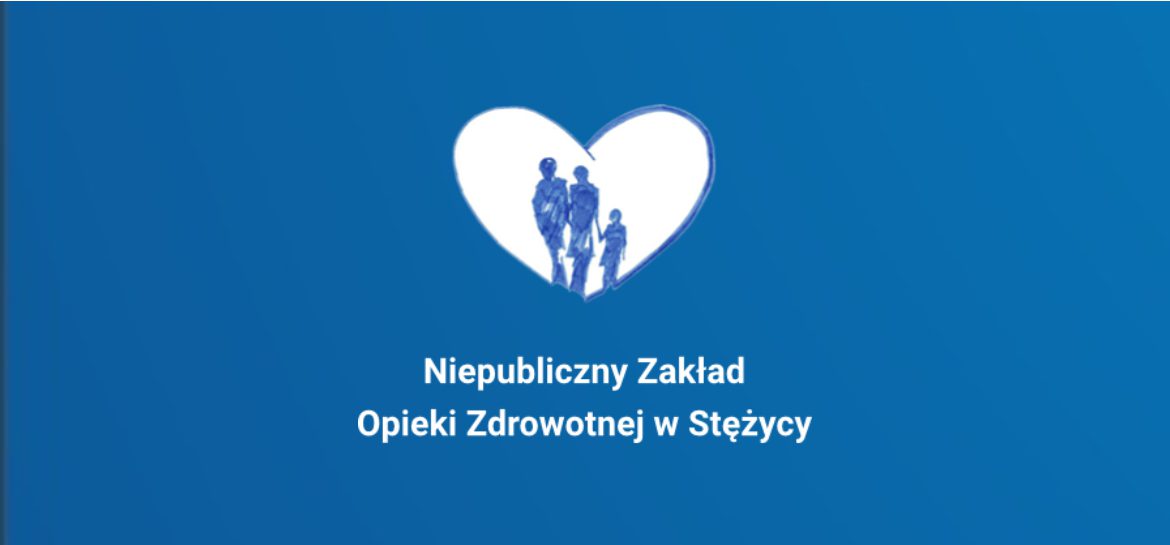 Zdjęcie informatora NZOZ Stężyca, niebieskie tło, w środku białe logo NZOZ Stężyca